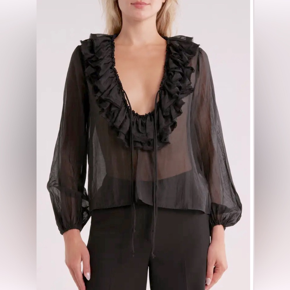 Jason Wu 2pc Black Ruffle V-Neck Blouse SZ S/P & Faux Leather Pant Sz XS/TP